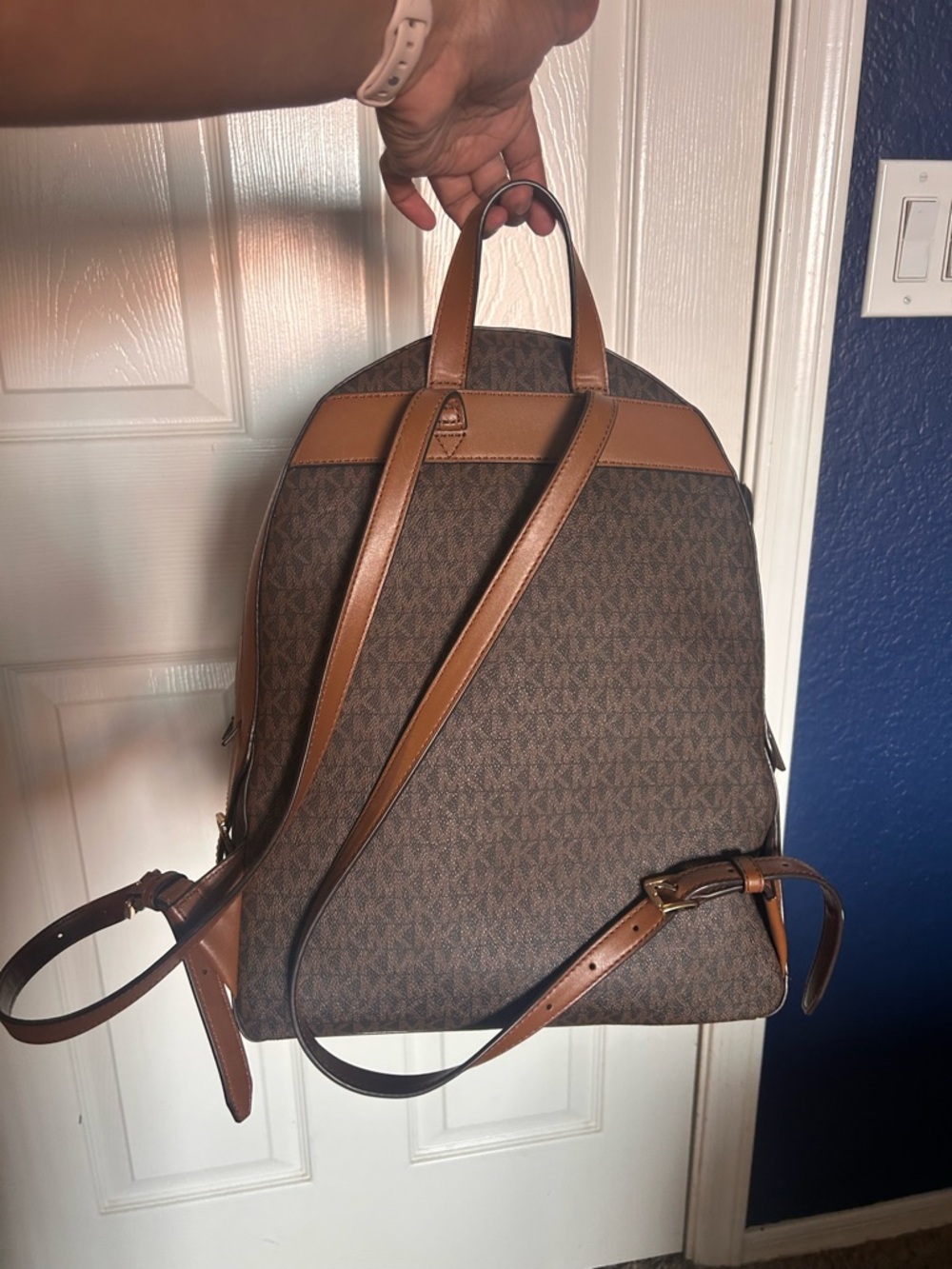 Michael Kors Brown MK Logo Backpack with Tan Trim - Picture 3 of 7